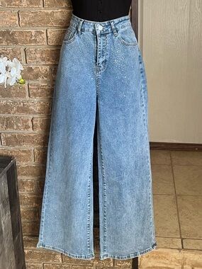 Wide Leg High-Waist Light rhinestone Blue Jeans for Women
